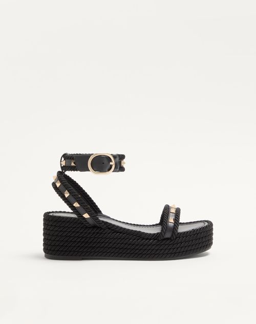 Valentino Garavani - Rockstud Flatform Sandal In Calfskin 45mm - Black - Woman - Espadrilles And Wedges
